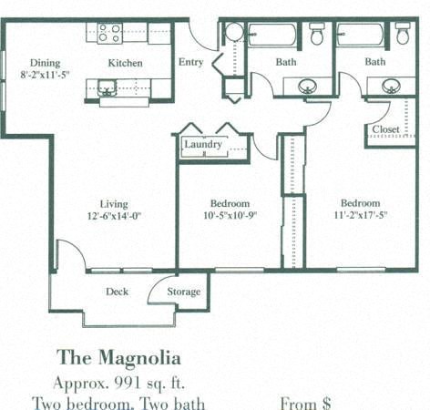 Floor plan for 2 beds, 2 baths, 991 sqft